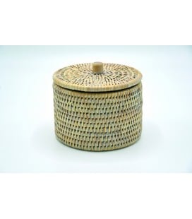 Box round rattan with lid Blue - colour white brushed