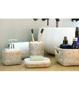 Dispenser soap rattan white brushed and white porcelain Mahé