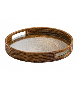 Tray round Melinda - rattan honey and glass