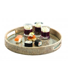 Tray round Melinda - rattan white brushed and glass