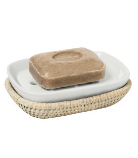 Porte savon rotin blanc cérusé et porcelaine blanche Alzéa