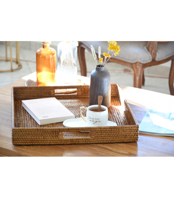 Vassoio Rettangolare In Rattan Sintetico, Intrecciato A Mano Con Manico In Legno, 30x20x5,5 Cm, Beige - 5