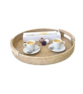 Tray round Samoa rattan white brushed with handles wood