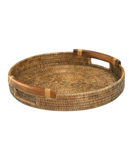 Tray round Sabrina rattan honey with handles wood